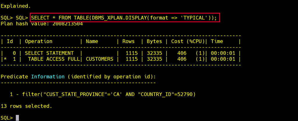 Saída do DBMS_XPLAN.DISPLAY com Rows 1115, Bytes, Cost e Time estimados