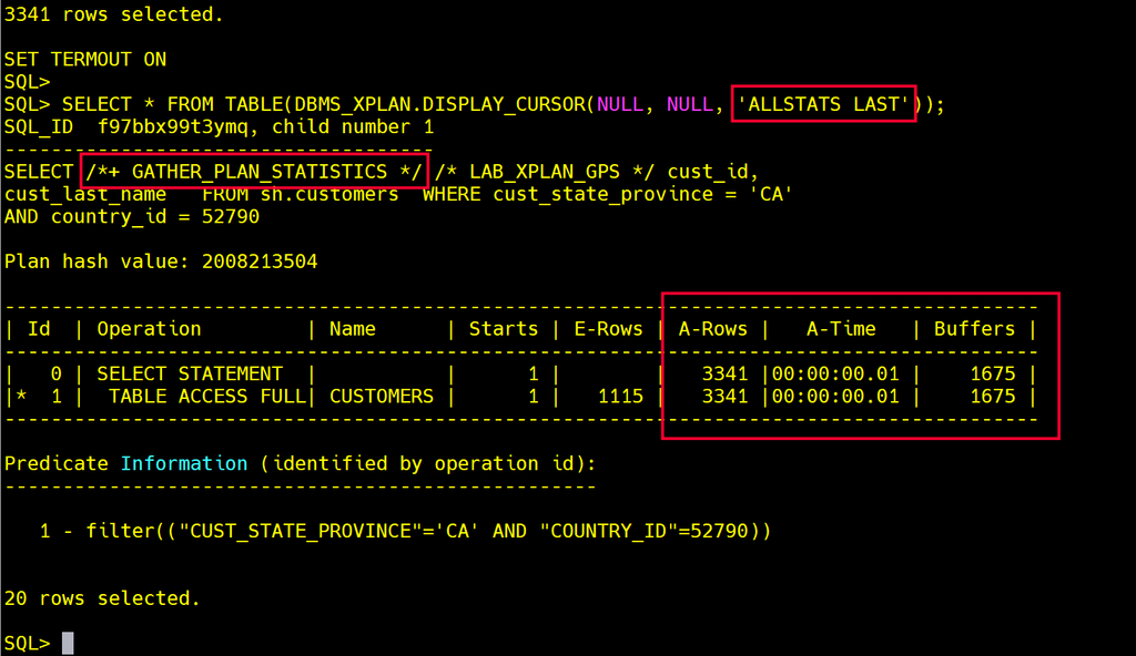DISPLAY_CURSOR ALLSTATS LAST com o hint GATHER_PLAN_STATISTICS mostrando E-Rows 1115 e A-Rows 3341
