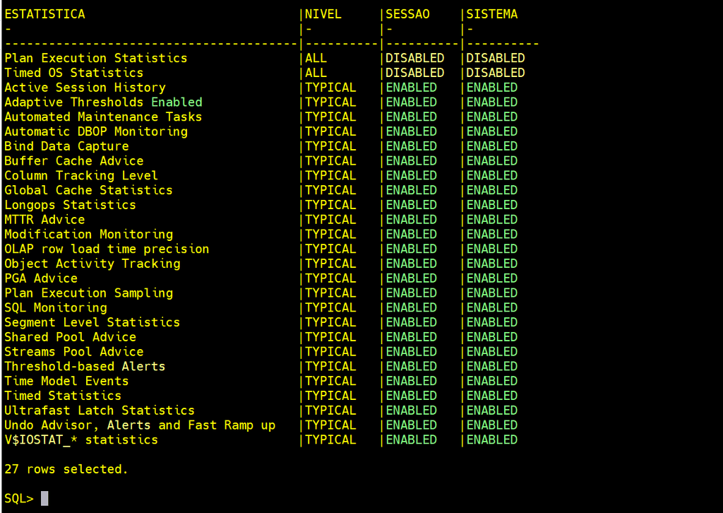 V$STATISTICS_LEVEL com Plan Execution Statistics desabilitado na sessão e no sistema