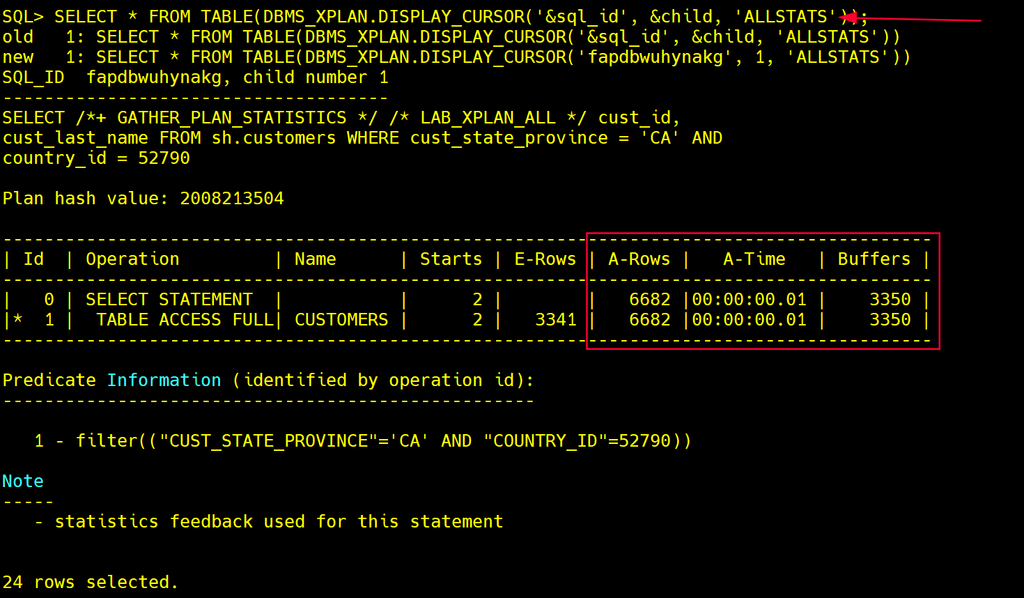 DISPLAY_CURSOR ALLSTATS do child 1 com Starts 2, A-Rows 6682 e Buffers 3350