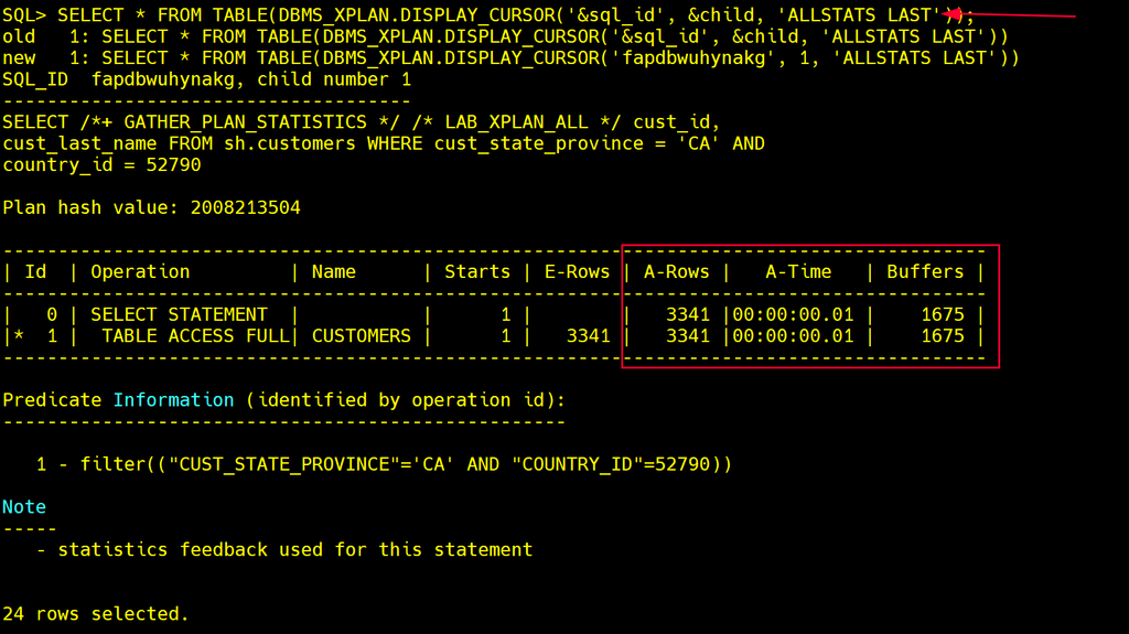 DISPLAY_CURSOR ALLSTATS LAST do child 1 com Starts 1, A-Rows 3341 e Buffers 1675