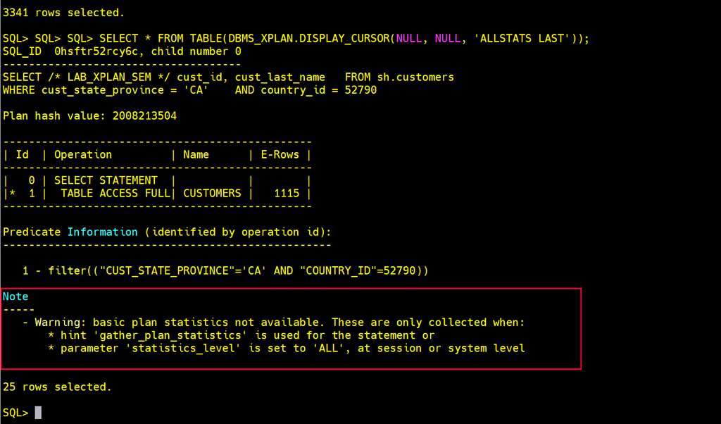 DISPLAY_CURSOR sem coleta com o cabeçalho SQL_ID 0hsftr52rcy6c child number 0, só E-Rows 1115 e a nota Warning basic plan statistics not available